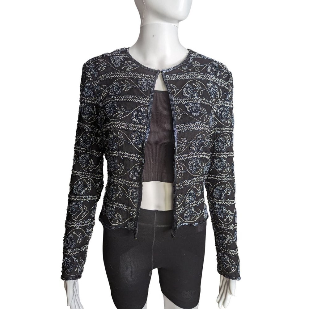 Laurence Kazar Silk Beaded Black Jacket 90s Special Events Party Elegant sz S/M